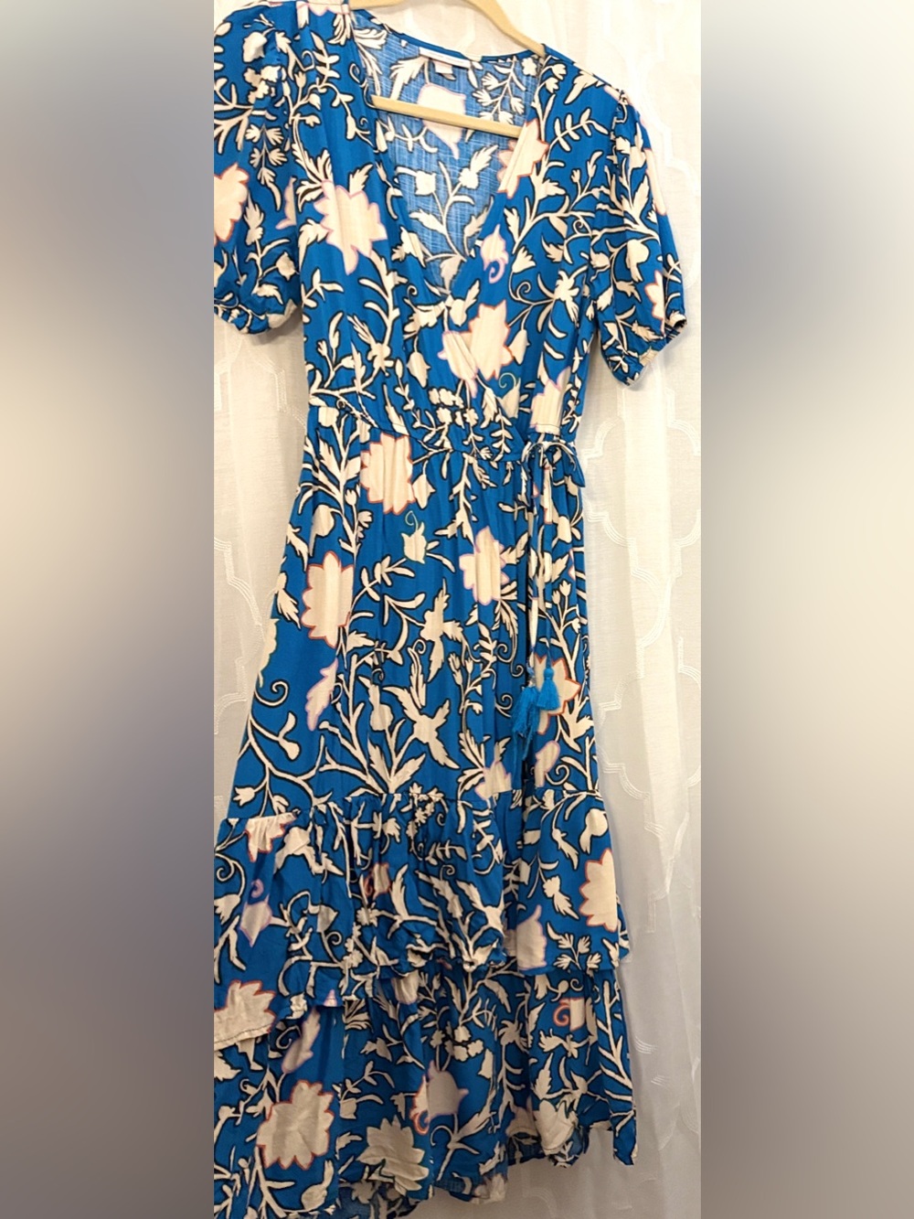 Knox Rose Blue Floral Wrap Dress Boho Ruffle Tie Waist Midi Dress Size Medium - Picture 6 of 16